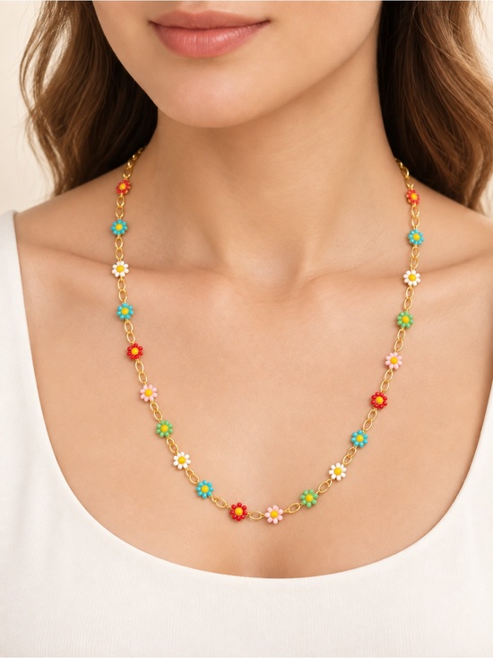 Jewelry - Colorful Daisy Flower Gold-Tone Chain Necklace